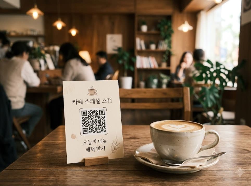 카페 테이블 위에 놓인 QR 광고 스탠드