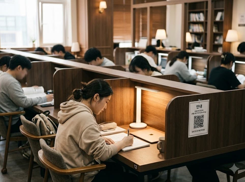 스터디카페 좌석 칸막이에 부착된 QR 광고 안내